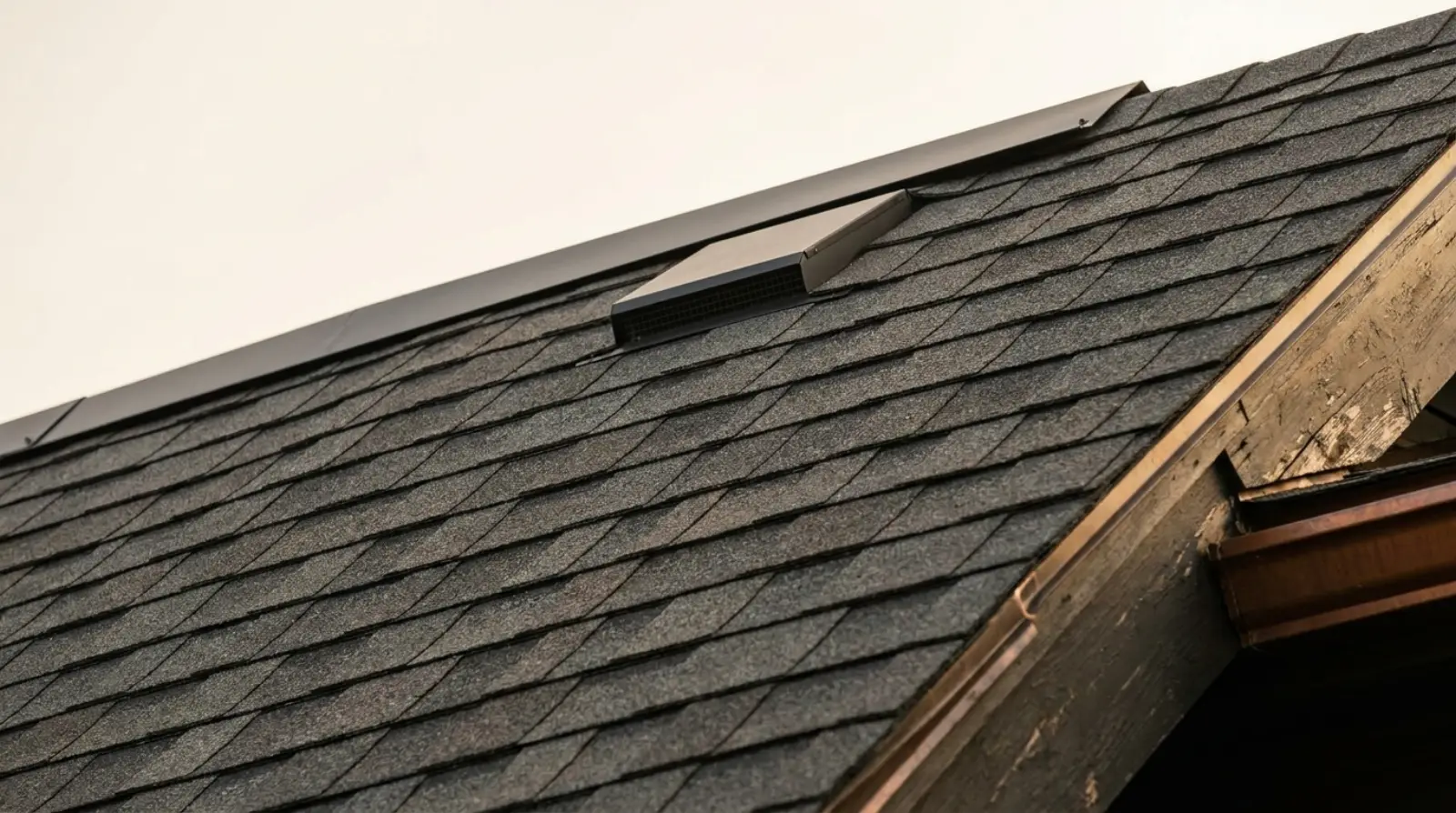 Charcoal asphalt shingle roof slope on a Little Rock bungalow, showing ridge cap and ridge vent.
